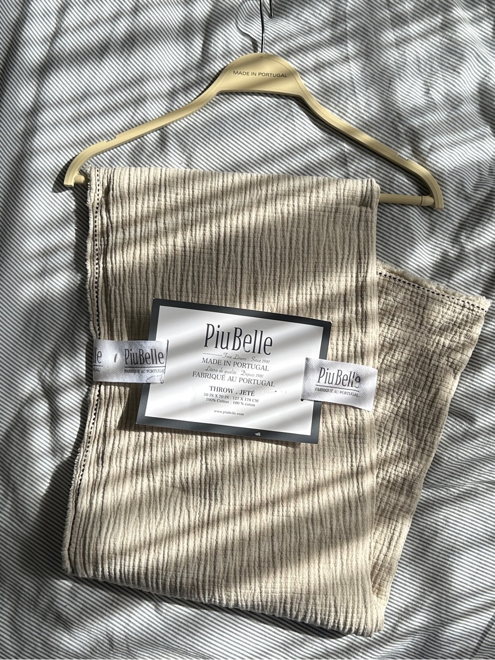PiuBelle Cream 100% Cotton Ribbed Throw Blanket Made in Portugal